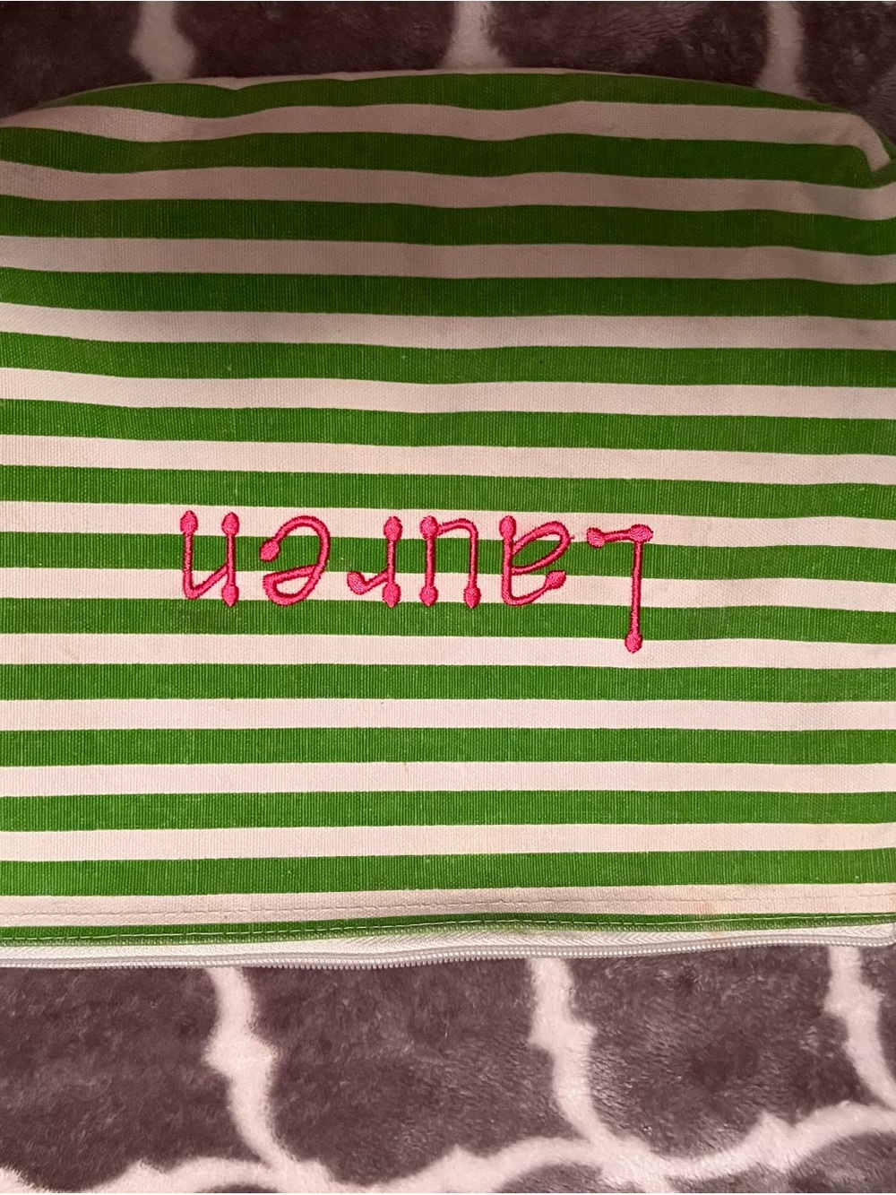 thirty-one Green and White Striped Cosmetic Bag with Pink Embroidery